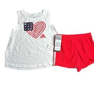 Adidas Toddler Girl's Two Piece Red and White Shorts & Sleeveless Tank Set Sz 3T